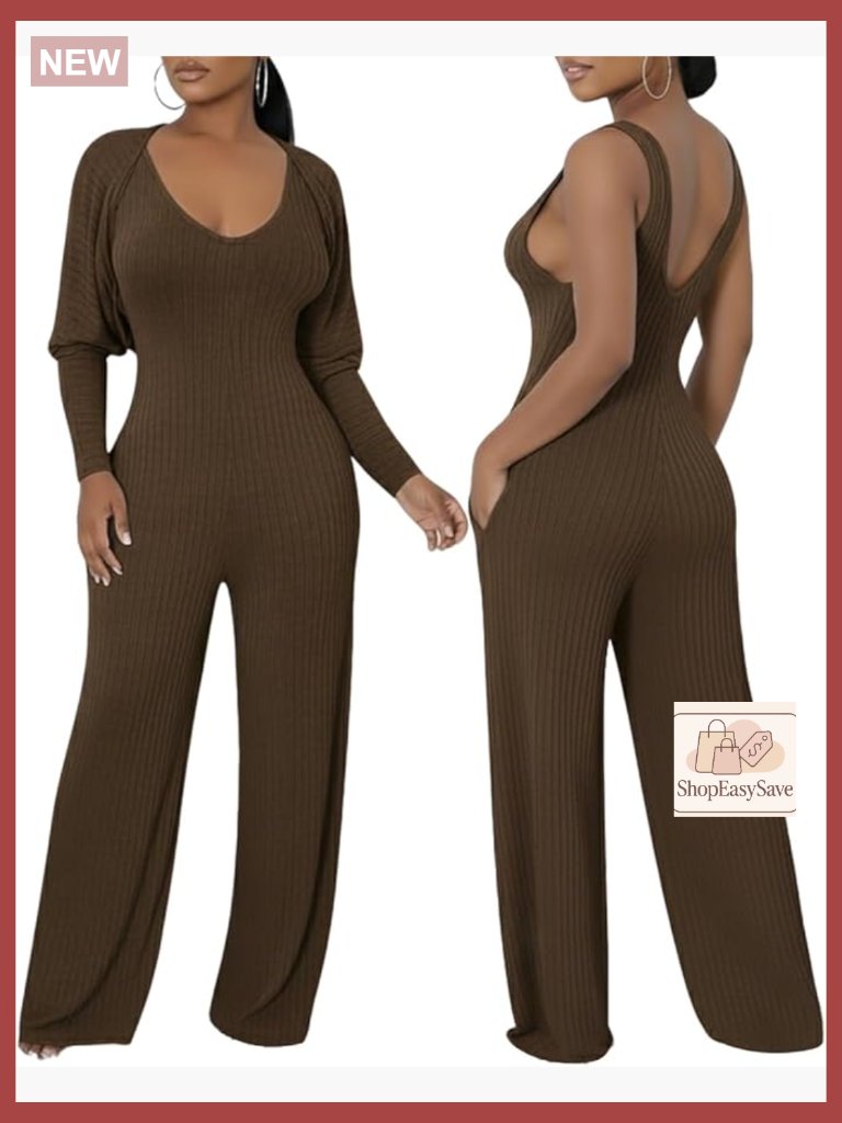 Ribbed Knit 2 Piece Outfit Cardigan And Wide Leg Jumpsuit Set With Pockets